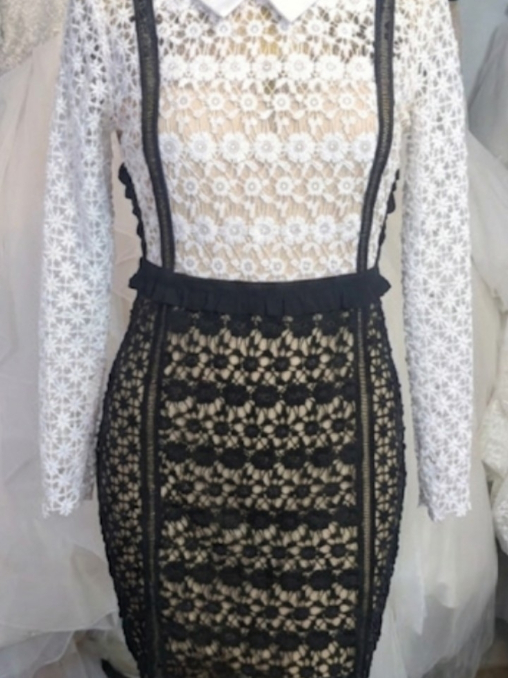 VENUS Black and White Lace Midi Dress with Suspender Detail